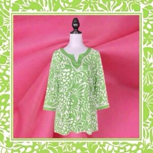 Charter Club Green & White Abstract Floral Cotton Crochet Trim Tunic Top Size M